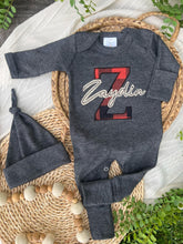 Load image into Gallery viewer, Personalized Baby Boy Name Outfit | Charcoal Gray Romper Red Buffalo Plaid Initial Tan Felt Name