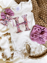 Load image into Gallery viewer, Personalized Baby Girl Outfit | Oatmeal Flutter Sleeve Ruffle Romper Floral Pink Baby Initials