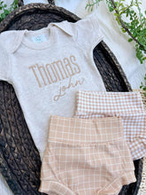 Load image into Gallery viewer, Personalized Baby Boy Outfit | Oatmeal Beige Bodysuit Honey Beige Custom Name
