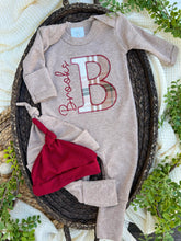 Load image into Gallery viewer, Personalized Baby Boy Name Outfit | Mocha Brown Romper Red Plaid Initial