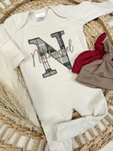 Load image into Gallery viewer, Personalized Baby Boy Newborn Outfit | Natural Oatmeal Romper Plaid Baby Name