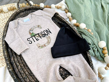 Load image into Gallery viewer, Personalized Baby Boy Name Outfit | Mocha Brown Romper Camo Initial