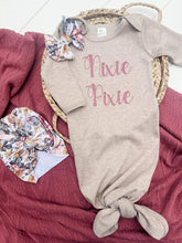 Load image into Gallery viewer, Personalized Baby Girl Outfit | Taupe Knotted Baby Gown Deep Pink Floral Baby Name