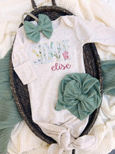 Load image into Gallery viewer, Personalized Baby Girl Outfit | Oatmeal Knotted Gown Floral Pink Green