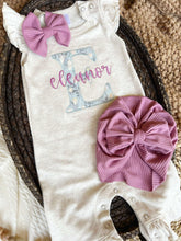 Load image into Gallery viewer, Personalized Baby Girl Outfit | Oatmeal Flutter Sleeve Ruffle Romper Floral Blue Baby Name