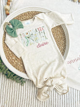 Load image into Gallery viewer, Personalized Baby Girl | Oatmeal Knotted Gown Green White Floral Pink with Name