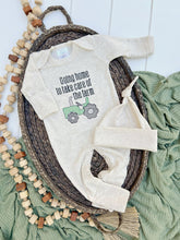 Load image into Gallery viewer, Farm Baby Outfit | Oatmeal Romper Green Tractor - Going Home