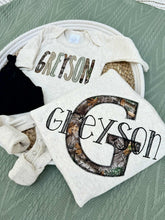 Load image into Gallery viewer, Personalized Baby Boy Outfit | Oatmeal Romper Green Beige Camo Baby Name