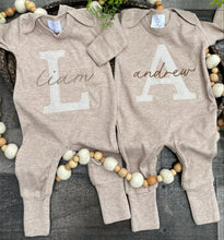 Load image into Gallery viewer, Personalized Twin Outfit | Mocha Brown Romper Beige Stripe Beige Brown Baby Name