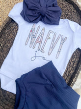 Load image into Gallery viewer, Personalized Baby Girl Outfit | White Bodysuit Blue Floral Baby Name