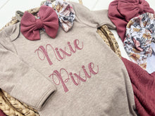 Load image into Gallery viewer, Personalized Baby Girl Outfit | Taupe Knotted Baby Gown Deep Pink Floral Baby Name
