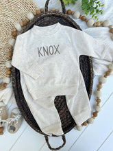 Load image into Gallery viewer, Personalized Baby Name Sweatshirt Set | Oatmeal Pullover Taupe