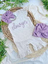 Load image into Gallery viewer, Personalized Baby Girl Outfit | Oatmeal Flutter Romper Light Purple Baby Name