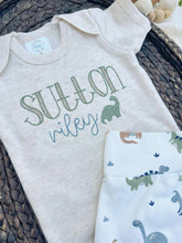 Load image into Gallery viewer, Personalized Baby Boy Outfit | Oatmeal Beige Bodysuit Green Dinosaur Blue Custom Name