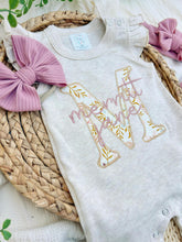 Load image into Gallery viewer, Personalized Baby Girl Outfit | Oatmeal Flutter Sleeve Ruffle Romper Floral Pink Baby Initials