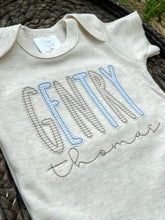 Load image into Gallery viewer, Personalized Baby Boy Outfit | Oatmeal Beige Bodysuit Soft Blue Tan Custom Baby Name