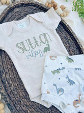 Load image into Gallery viewer, Personalized Baby Boy Outfit | Oatmeal Beige Bodysuit Green Dinosaur Blue Custom Name
