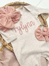 Load image into Gallery viewer, Personalized Baby Girl Outfit | Oatmeal Beige Romper Pink Chunky Chain Stitch