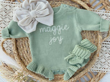Load image into Gallery viewer, Personalized Baby Girl Newborn Outfit | Sage Green Sweater Romper Baby Name