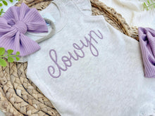 Load image into Gallery viewer, Personalized Baby Girl Outfit | Oatmeal Flutter Romper Light Purple Baby Name