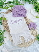 Load image into Gallery viewer, Personalized Baby Girl Outfit | Oatmeal Flutter Romper Light Purple Baby Name