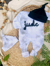 Load image into Gallery viewer, Personalized Newborn Baby Boy Outfit | Mist Smoke Gray Romper Rust Felt Baby Name