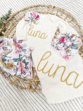 Load image into Gallery viewer, Personalized Baby Girl Outfit | Oatmeal Beige Bodysuit Chunky Yellow Baby Name