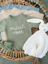Load image into Gallery viewer, Personalized Baby Boy Outfit | Sweater Bubble Romper Beige Sage Navy Blue Baby Name