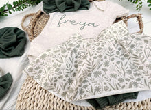 Load image into Gallery viewer, Personalized Baby Girl Outfit | Oatmeal Bodysuit Soft Green Floral Skirt Baby Name