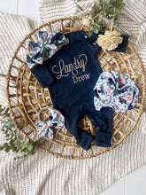 Load image into Gallery viewer, Baby Girl Outfit | Navy Romper - Pink White Blue Floral Baby Name
