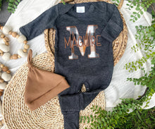 Load image into Gallery viewer, Personalized Baby Boy Name Outfit | Charcoal Gray Romper Tan Gray Plaid Initial