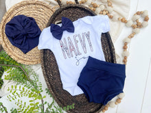 Load image into Gallery viewer, Personalized Baby Girl Outfit | White Bodysuit Blue Floral Baby Name