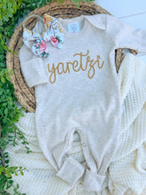 Load image into Gallery viewer, Personalized Baby Girl Outfit | Oatmeal Beige Romper Golden Yellow Chunky Chain Stitch Baby Name