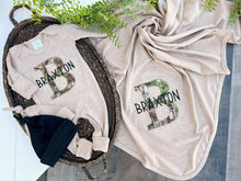 Load image into Gallery viewer, Personalized Baby Boy Name Outfit | Mocha Brown Romper Camo Initial