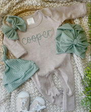 Load image into Gallery viewer, Personalized Baby Girl Outfit | Mocha Romper Dark Sage Green Chunky Chain Stitch Baby Name