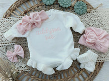 Load image into Gallery viewer, Personalized Baby Girl Newborn Outfit | White Sweater Romper Custom Color Baby Name