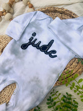 Load image into Gallery viewer, Personalized Newborn Baby Boy Outfit | Mist Smoke Gray Romper Rust Felt Baby Name