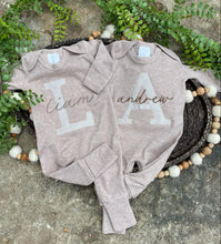 Load image into Gallery viewer, Personalized Twin Outfit | Mocha Brown Romper Beige Stripe Beige Brown Baby Name