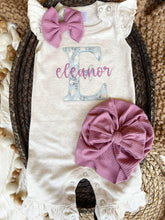 Load image into Gallery viewer, Personalized Baby Girl Outfit | Oatmeal Flutter Sleeve Ruffle Romper Floral Blue Baby Name