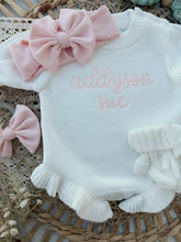 Load image into Gallery viewer, Personalized Baby Girl Newborn Outfit | White Sweater Romper Custom Color Baby Name