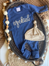 Load image into Gallery viewer, Personalized Navy Blue Beige Baby Boy Outfit | Heather Navy Blue Romper Biege Chunky Chain Stitch