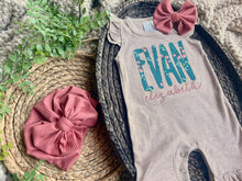 Load image into Gallery viewer, Personalized Baby Girl Outfit | Mocha Flutter Sleeve Ruffle Romper Floral Blue Baby Name