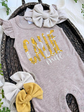 Load image into Gallery viewer, Personalized Baby Girl Outfit | Mocha Brown Flutter Sleeve Ruffle Romper Floral Blue Baby Name