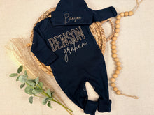 Load image into Gallery viewer, Personalized Baby Boy Coming Home Outfit – Navy Footie & Hat