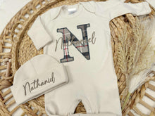 Load image into Gallery viewer, Personalized Baby Boy Newborn Outfit | Natural Oatmeal Romper Plaid Baby Name
