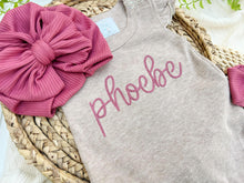 Load image into Gallery viewer, Personalized Baby Girl Outfit | Mocha Flutter Romper Deep Pink Baby Name