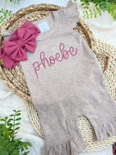 Load image into Gallery viewer, Personalized Baby Girl Outfit | Mocha Flutter Romper Deep Pink Baby Name