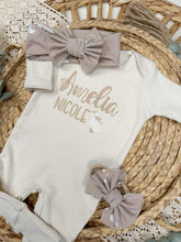 Load image into Gallery viewer, Personalized Baby Girl Outfit | Natural Oatmeal Romper Goose Pink Custom Baby Name