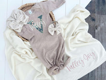 Load image into Gallery viewer, Personalized Baby Girl Outfit | Mocha Brown Knotted Gown Floral Green