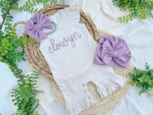 Load image into Gallery viewer, Personalized Baby Girl Outfit | Oatmeal Flutter Romper Light Purple Baby Name